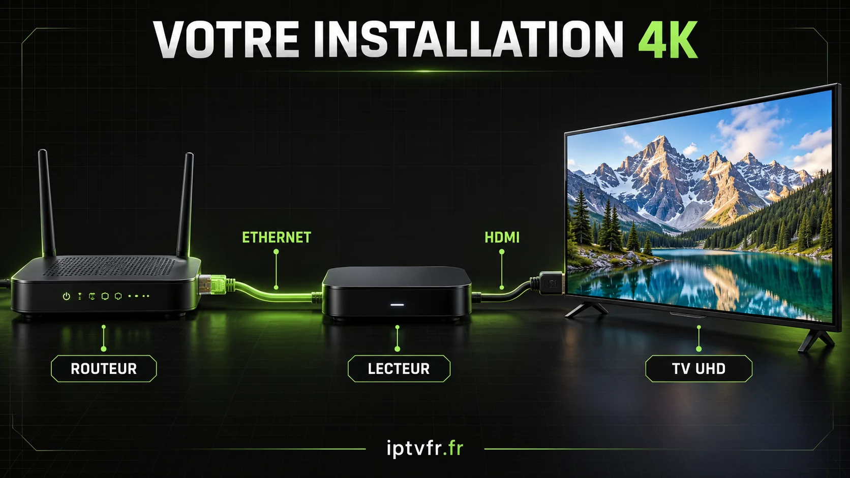 Installation IPTV 4K : routeur, lecteur et téléviseur reliés en Ethernet et HDMI